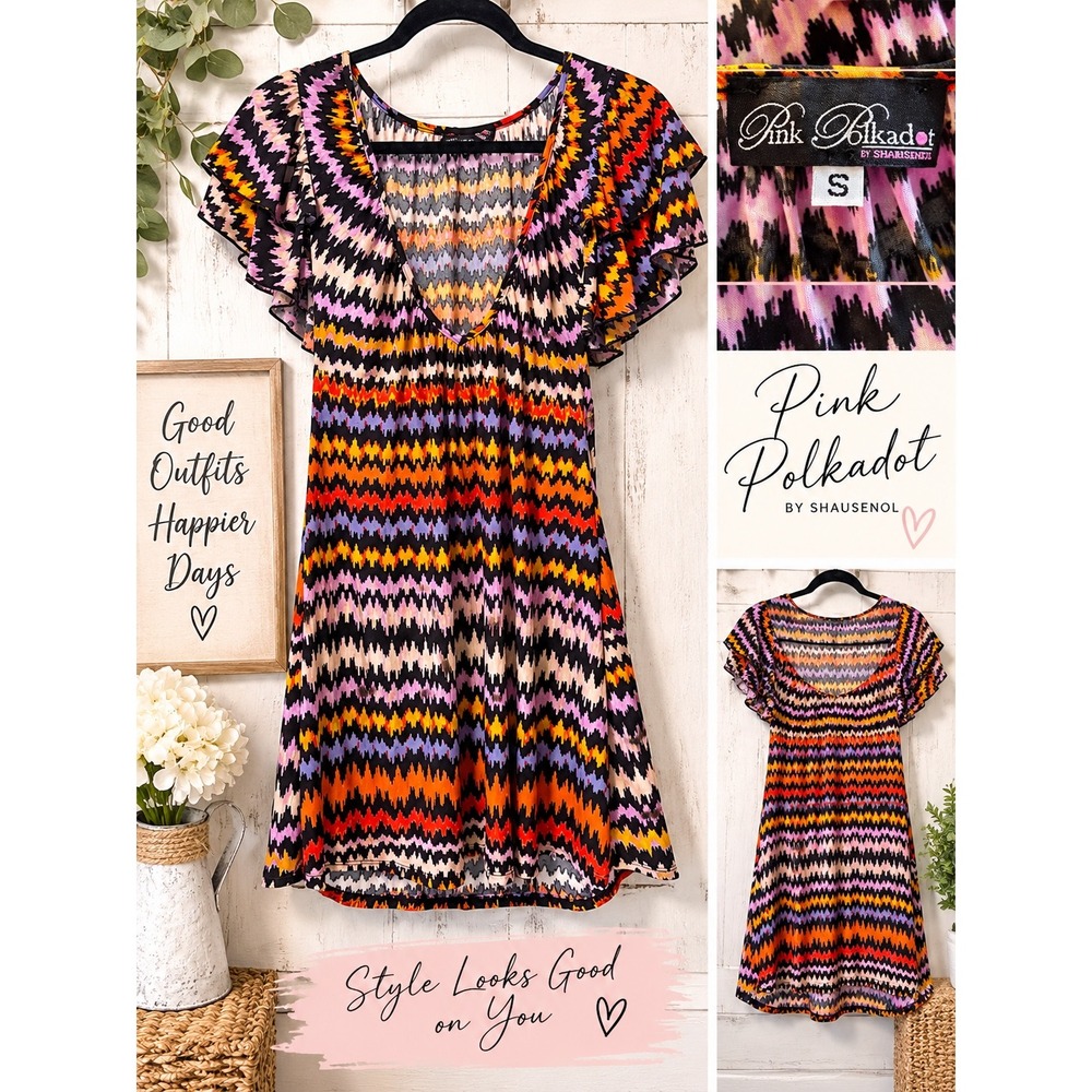 Pink Polkadot Shausenol Chevron Zigzag Flutter Sleeve Mini Dress Orange Purple S